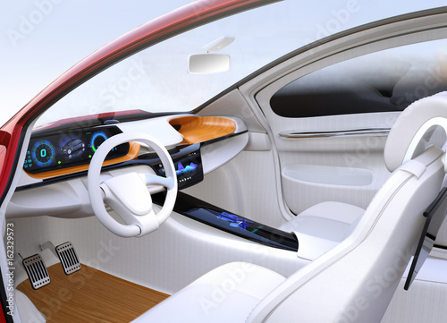 Autonomous car interior concept. The center touch screen display music playlist, and navigation map on driver side screen. 3D rendering image. © chesky