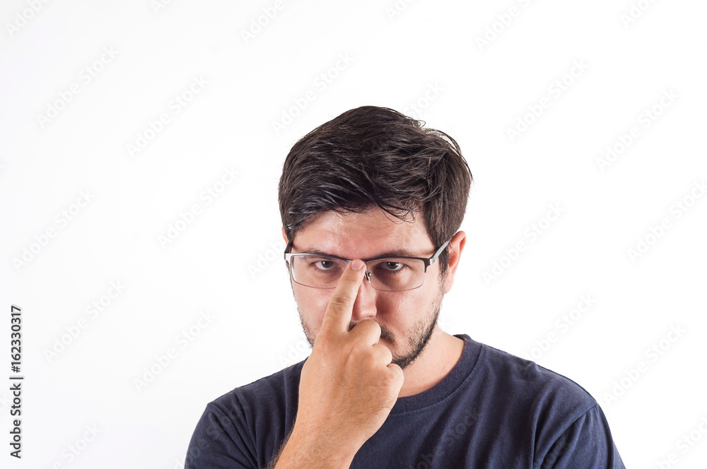 Caucasian man touch his glasses on nose Caucasian man touch his glasses on nose