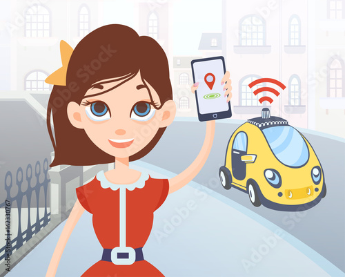 Woman ordering driverless taxi using mobile application. Cartoon female character with smartphone in hand and car on city street background. Vector illustration.