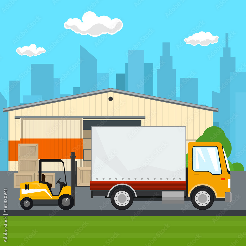 Warehouse and Transport Services ,Warehouse with Forklift Truck and Lorry on the Background of the City, Unloading or Loading of Goods, Vector Illustration Warehouse and Transport Services ,Warehouse with Forklift Truck and Lorry on the Background of the City, Unloading or Loading of Goods, Vector Illustration