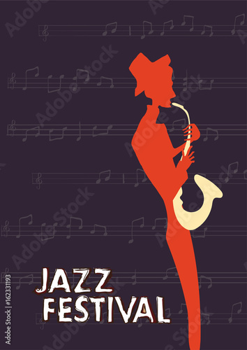 Poster for jazz music festival or concert. The musician plays the saxophone on dark background.