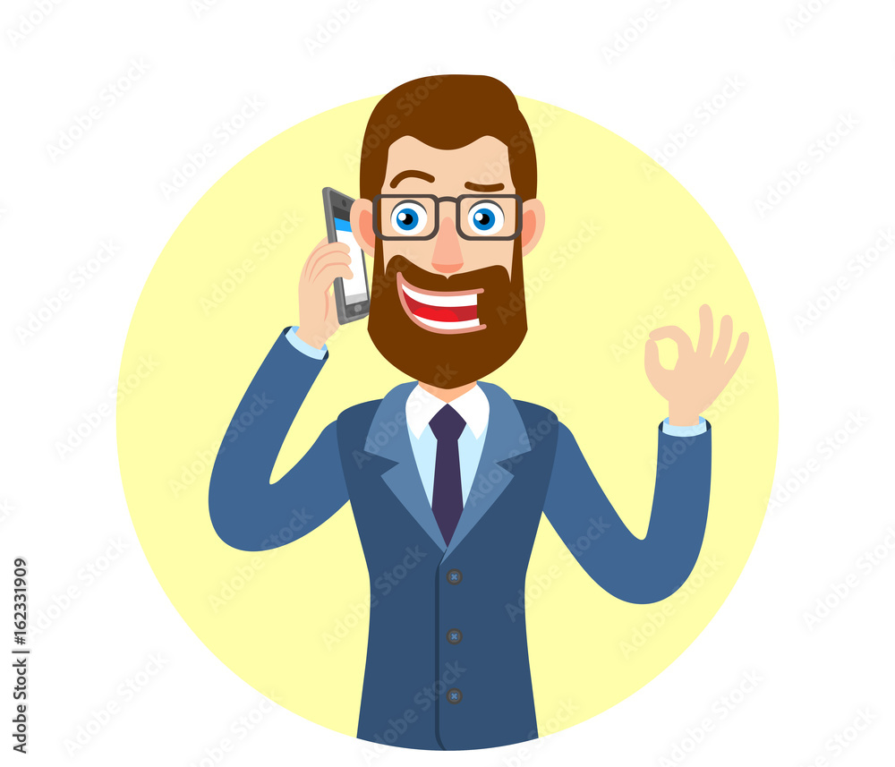 Hipster Businessman talking on mobile phone and showing a okay hand sign