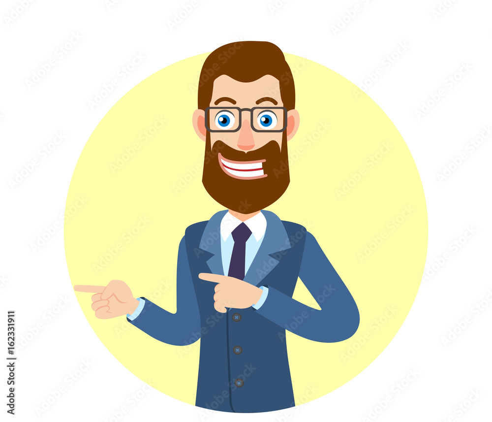 Hipster Businessman pointing something beside of him