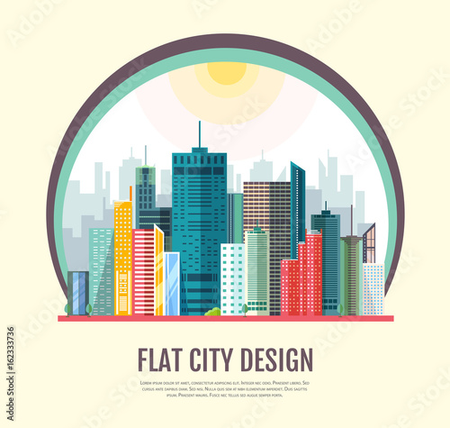 Flat style modern design of urban city landscape. Vector icon set