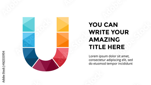 Vector alphabet infographic, presentation slide template. Business concept with letter U and place for your text. 16x9 aspect ratio.