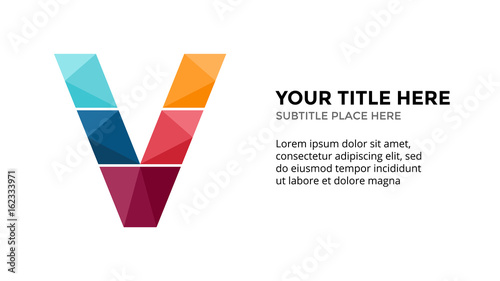 Vector alphabet infographic, presentation slide template. Business concept with letter V and place for your text. 16x9 aspect ratio.