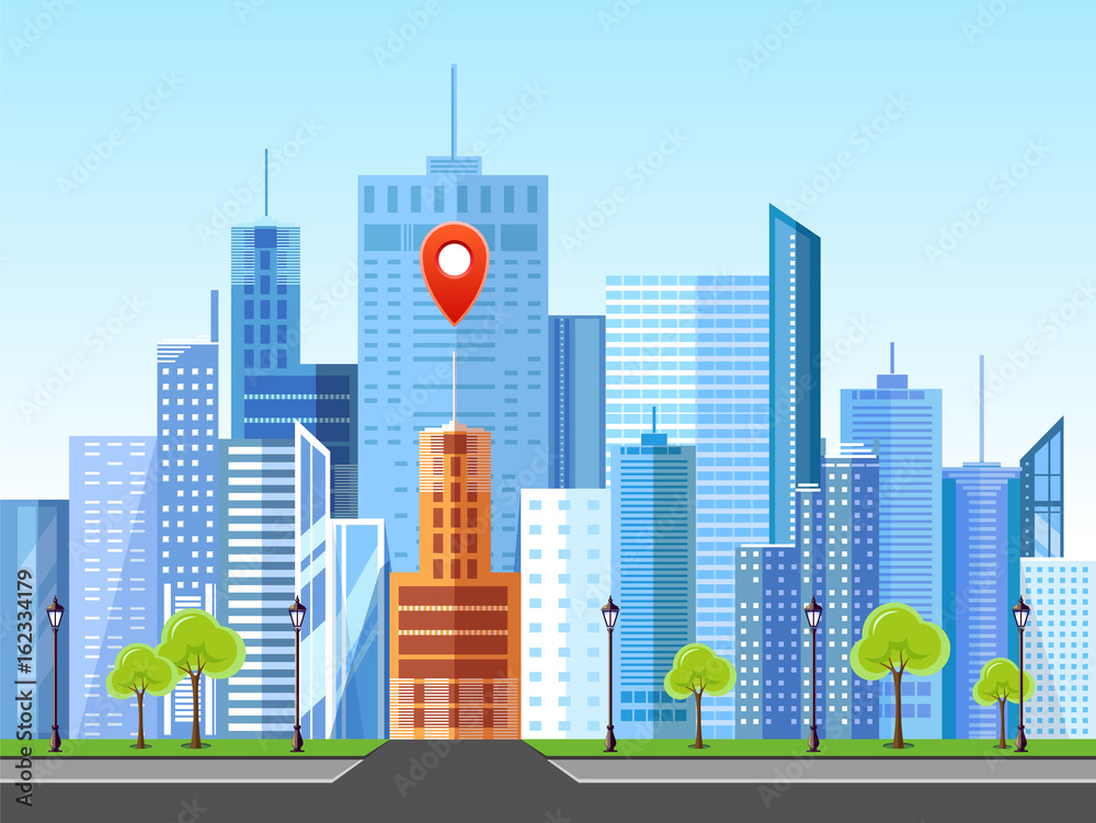 Flat style modern design of urban city landscape with location sign
