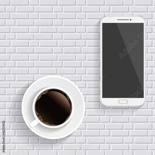 Coffee and smartphone on the table. Top view desktop. Vector template for your design.