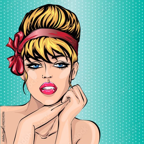 Pin up style sexy beautiful woman portrait, pop art comic girl looking forward vector illustration