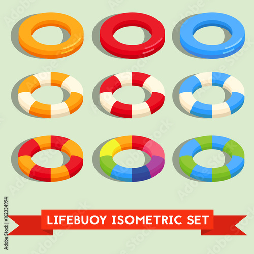 Set of isolated lifebuoy or swimming ring. Colorful stripped flat 3d icon or logo template isolated on the background. Vector isometric illustration.