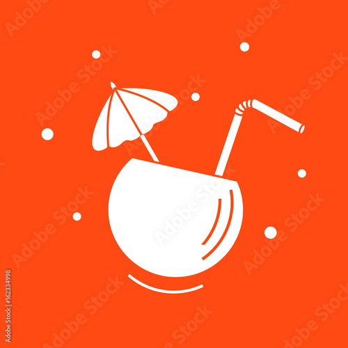 Stylized icon of the cocktail in half coconut, tube and umbrella. Travel and leisure.