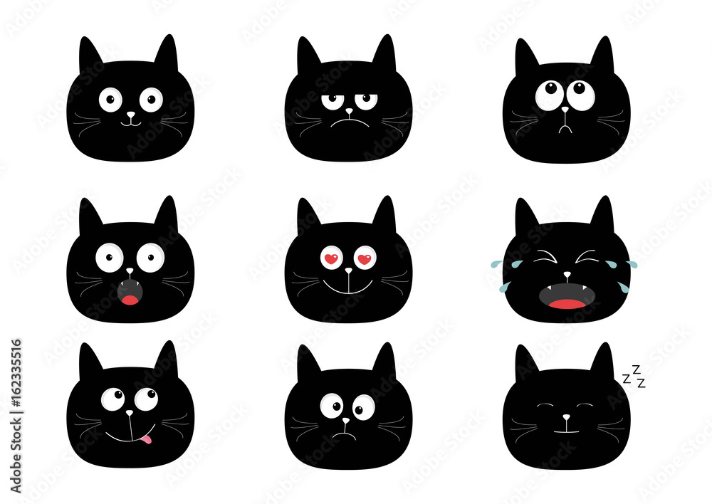 Set Of Black Cat Emoji Crazy Kitten With Different Emotions Angry