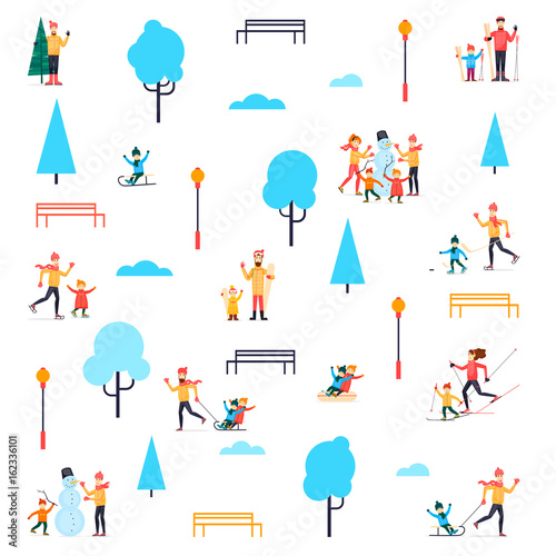 Winter people in the park. Flat design vector illustration.