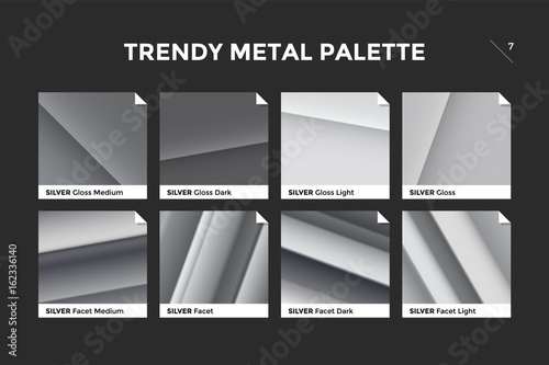 Silver gradient template. Collection palette of silver metallic gradient swatches with gloss for backgrounds, textures. Set of realistic steel metallic palettes, vector icons. Vector Illustration