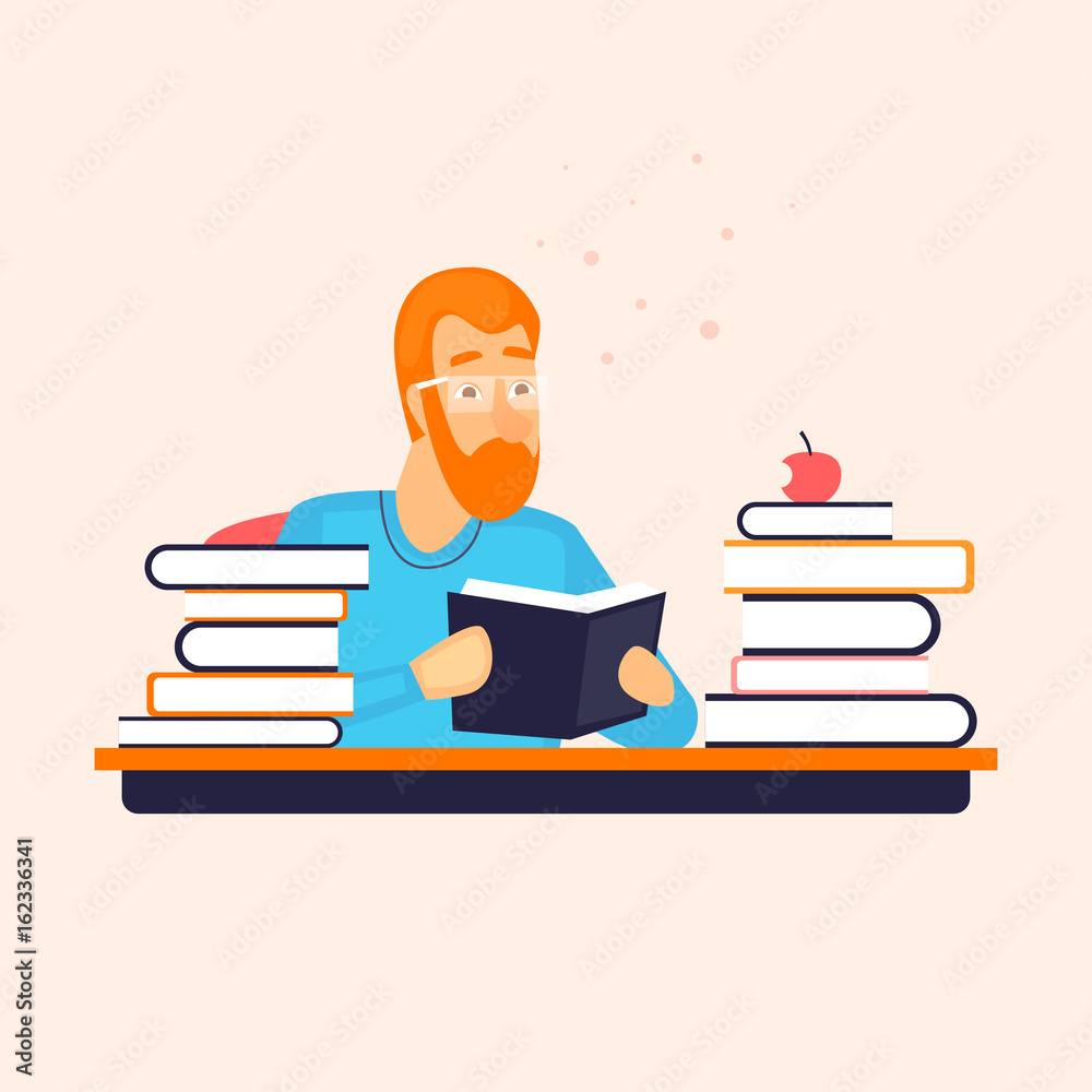 Library, guy reading a book. Character design. Flat vector illustration. Library, guy reading a book. Character design. Flat vector illustration.