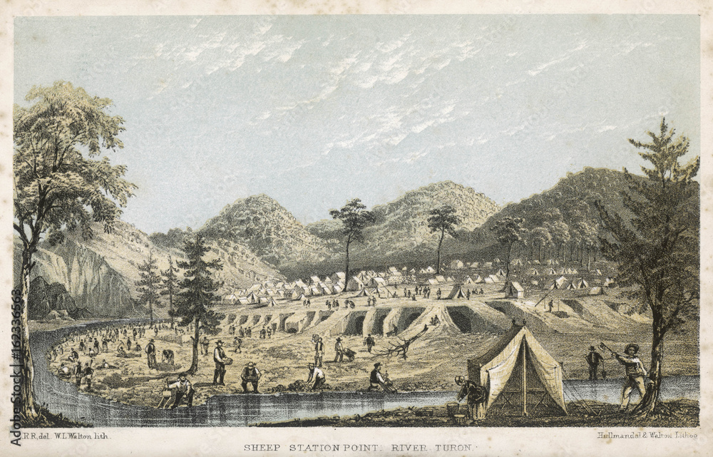 Obraz premium Panning for gold on the River Turon Australia. Date: 1853