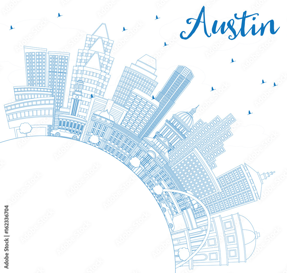Outline Austin Skyline with Blue Buildings and Copy Space.