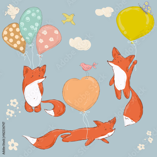 Set of vector cute chanterelles on balloons