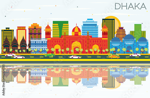 Dhaka Skyline with Color Buildings, Blue Sky and Reflections. © BooblGum