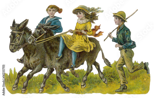 Children Ride Donkeys. Date: circa 1890