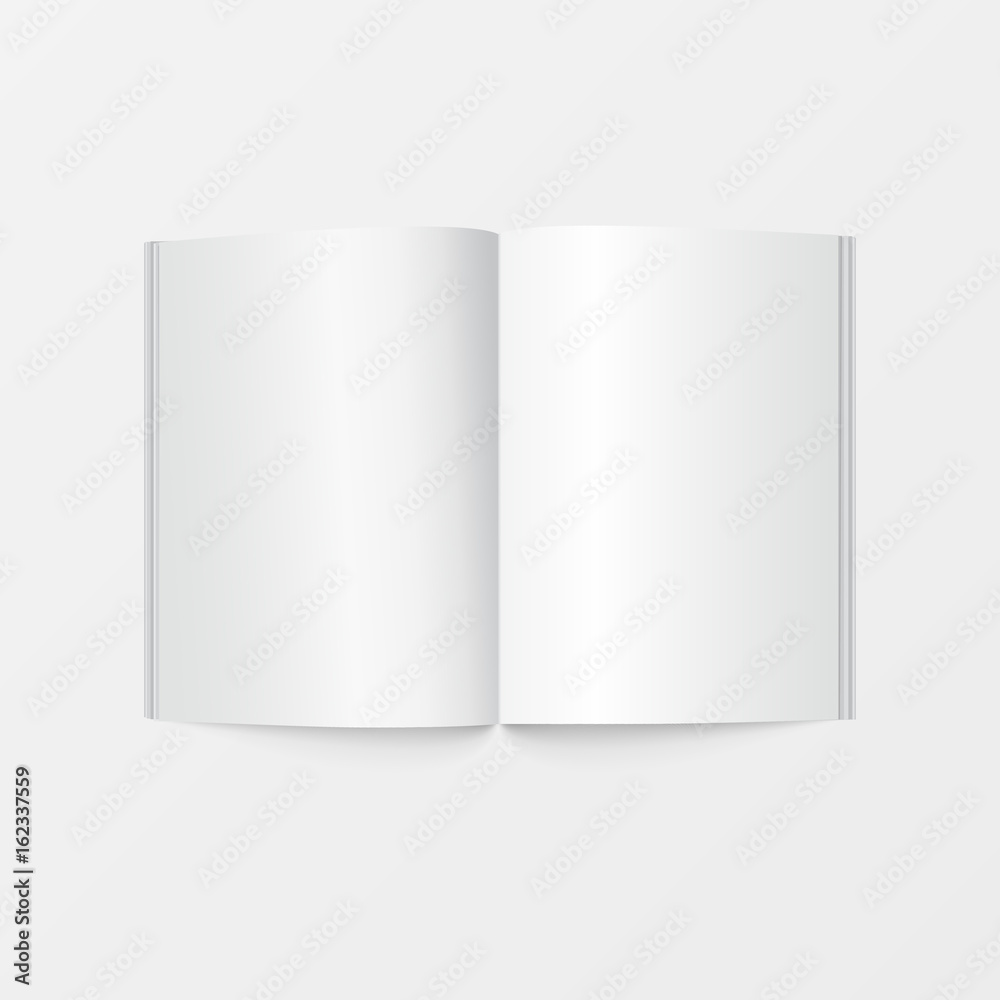 3d mockup open book template top view. Booklet blank white color isolated on white background for printing design, brochure template, catalog, leaflet, and layout design. Vector illustration. 3d mockup open book template top view. Booklet blank white color isolated on white background for printing design, brochure template, catalog, leaflet, and layout design. Vector illustration.