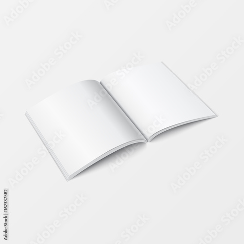 3d mockup open book template perspective view. Booklet blank white color isolated on white background for printing design, brochure template, catalog, leaflet, and layout design.  Vector illustration.