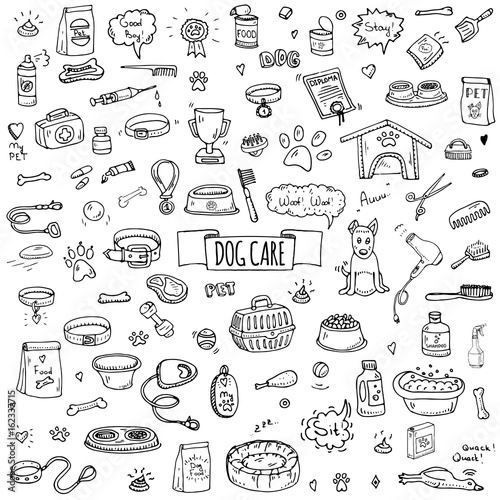 Hand drawn doodle Dog care icons set. Vector illustration. Vet symbol collection. Cartoon cat care elements: kennel, leash, food, paw, bowl, bone and other goods for pet shop, hotel