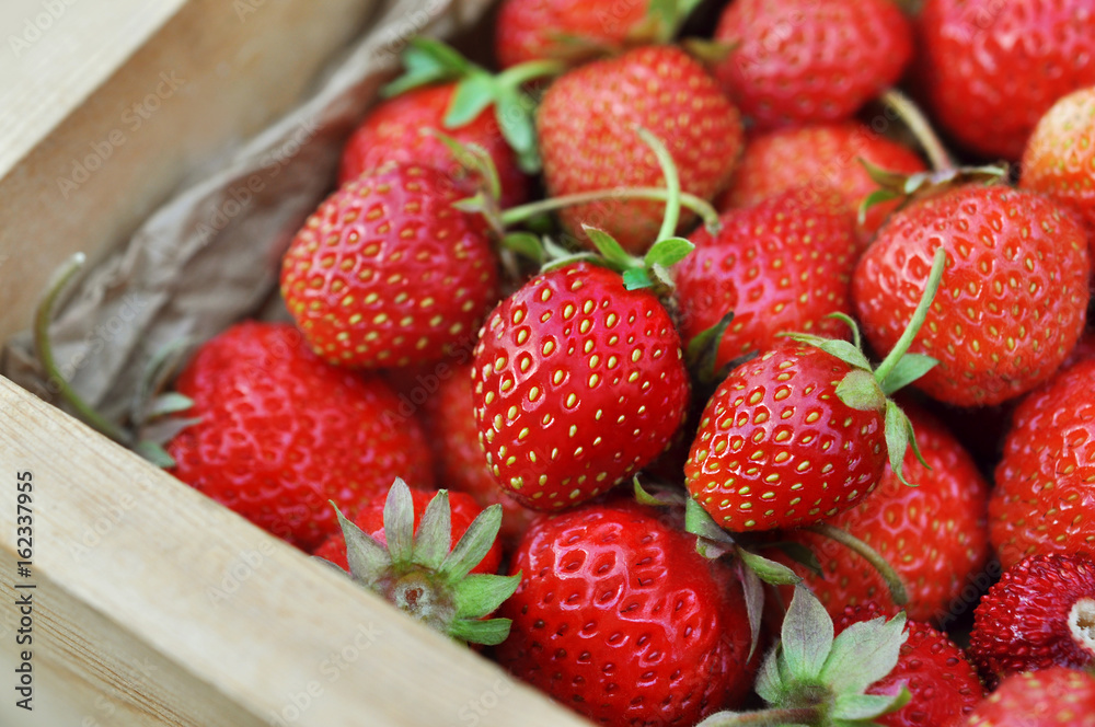 Crate of fresh ripe sweet strawberries Crate of fresh ripe sweet strawberries