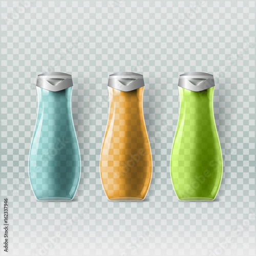 Mockup template for branding and product designs. Isolated realistic glass transparent bottles with unique design. Easy to use for advertising branding and marketing.