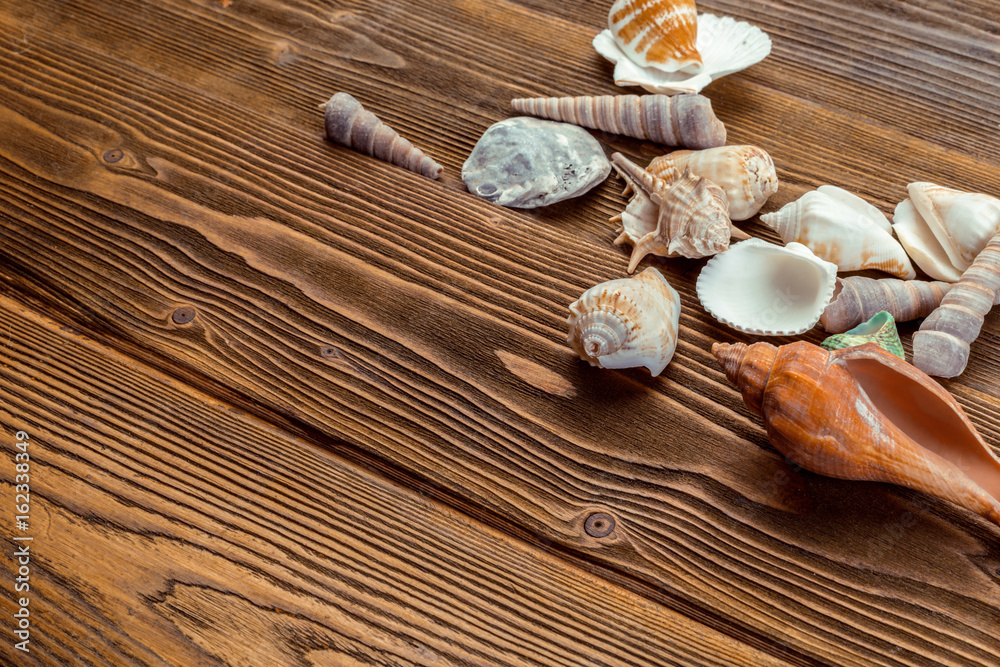 Beach accessories on wooden board Beach accessories on wooden board