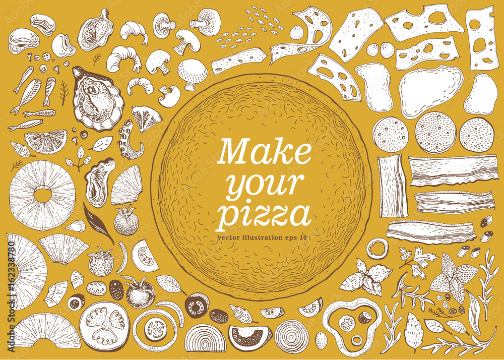 Make your pizza set of hand drawn illustrations for pizza. Vector