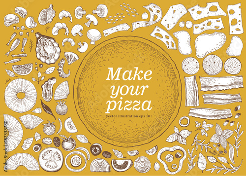 Make your pizza set of hand drawn illustrations for pizza. Vector isolated. Can be use for pizzeria, cafe, restaurant.