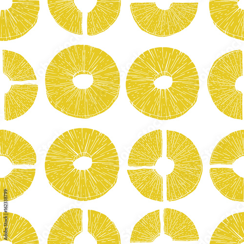 Seamless pattern pineapple slices. Vector illustration pineapple in old ink style. For banner, restaurant menu and market