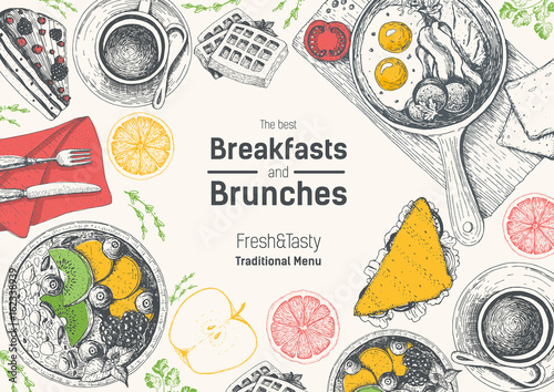 Brunch and breakfast top view frame. Food menu design. Vintage hand drawn sketch vector illustration photo