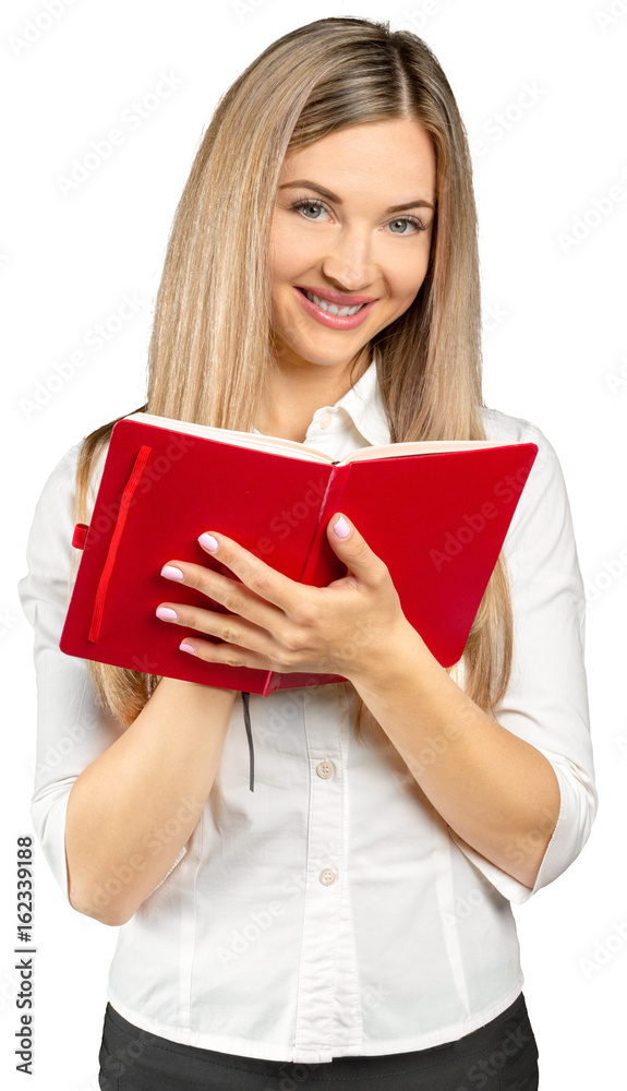Business woman holds a notebook with a pen Business woman holds a notebook with a pen