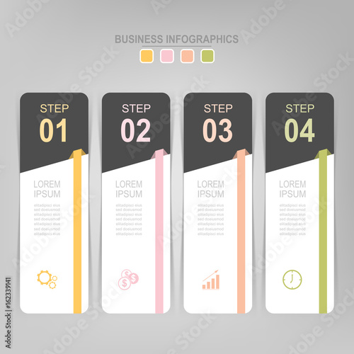 Infographic template of four steps on squares, tag banner, work sheet, flat design of business icon, vector