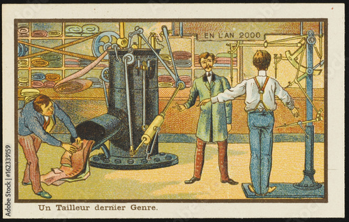 Futuristic automated tailoring establishment. Date: 1899 photo