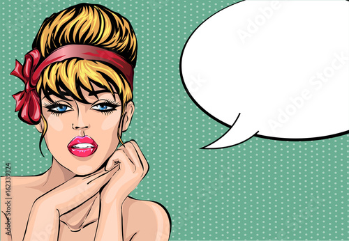 Pin up style sexy beautiful woman portrait with speech bubble, pop art comic girl looking forward vector illustration