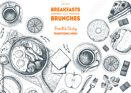 Brunch and breakfast top view frame. Food menu design. Vintage hand drawn sketch vector illustration photo