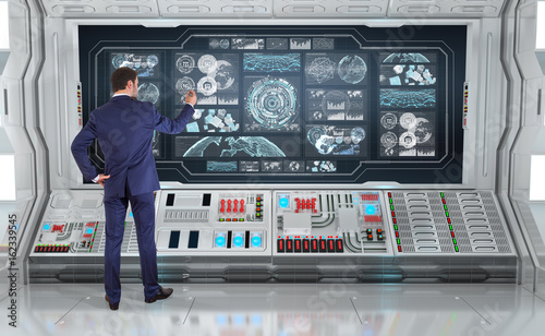 Businessman using graph screens interface on a board 3D rendering