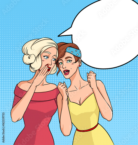 Advertising poster with two girls. Beautiful girlfriends talking. Square background with place for text. Empty blank speech bubble. Colorful comics vector illustration in pop art style.