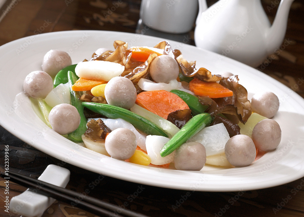 Stir-fried vegetable with fish ball and squid Stir-fried vegetable with fish ball and squid