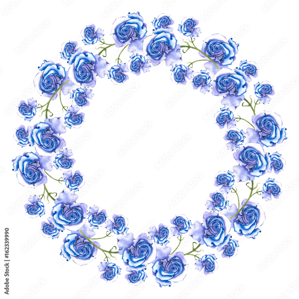 Wreath Of Blue Roses Picture Painted In Watercolor