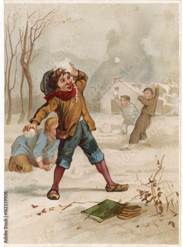 Schoolboys Snowballing. Date: circa 1880