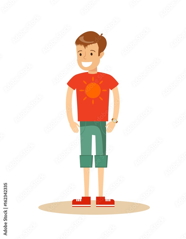 Full length portrait of teenaged brown haired Smiling boy in shorts and t-shirt , cartoon style vector illustration isolated on white background.