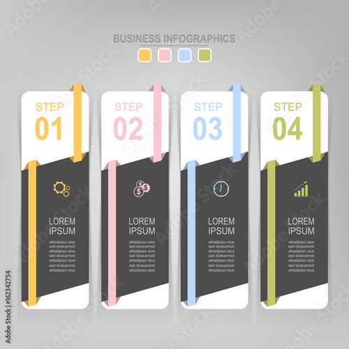 Infographic template of four steps on squares, tag banner, work sheet, flat design of business icon, vector