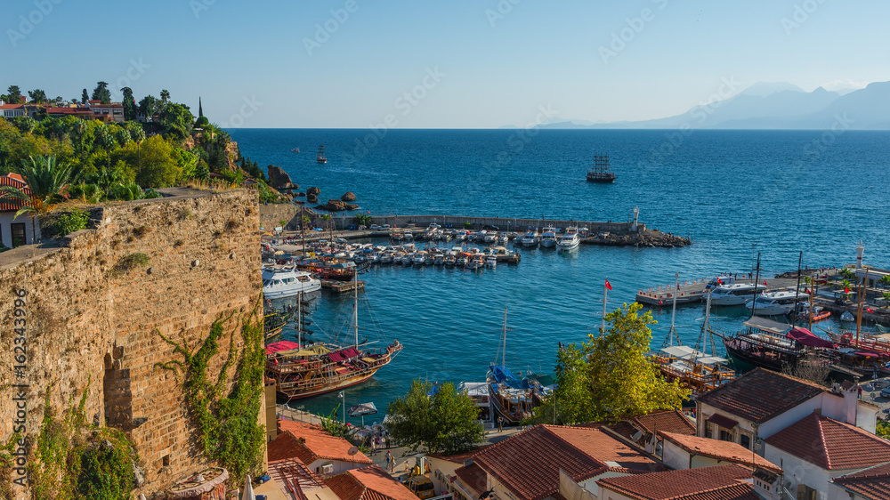 View of Antalya harbor, Mediterranean sea and seacoast, Antalya, Turkey