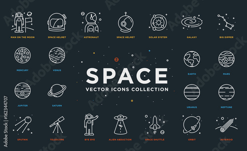 Set of Thin Line Stroke Vector Astronomy and Space Icons. Spaceman, astronaut, helmet, solar system, galaxy, planet, earth, mars, satellite, alien abduction, shuttle, rocket, orbit, asteroid