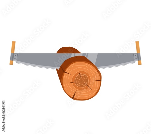 Two man saw sawing wood tree isolated on white background. Professional instrument, working tool. Vector illustration