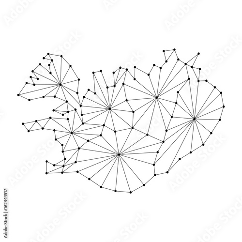 Iceland map of polygonal mosaic lines network, rays and dots vector illustration.